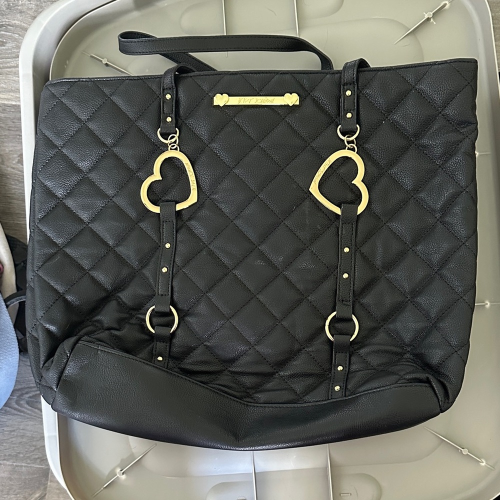 Betsey Johnson Black Quilted Tote with Gold Heart Accents